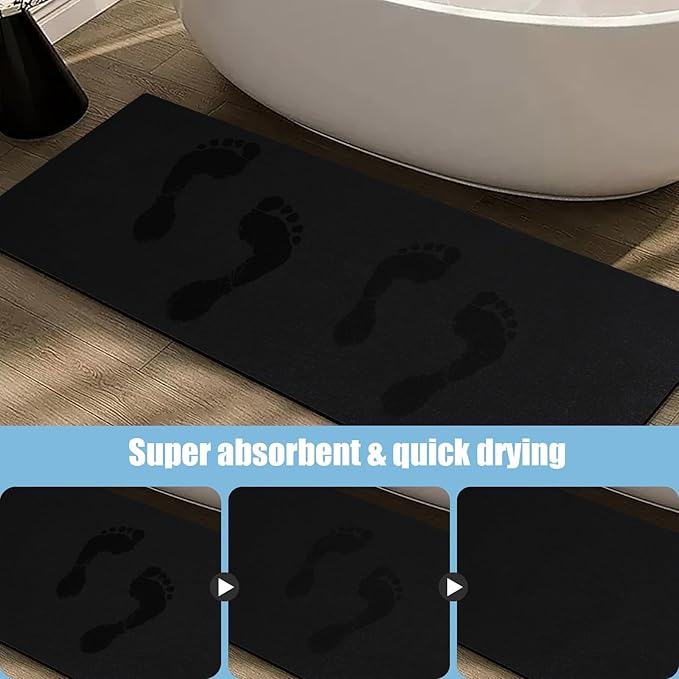 Extra Long Bathroom Rugs Diatomaceous Earth Bath mat Super Absorbent Quick Dry Non Slip Bath Mat Thin Runner Rug Fit Under Door-Shower Rug for in Front of Bathtub Shower, Black, 23.6"x47.2"