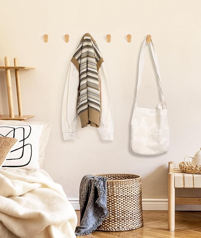 Wood Wall Hooks for Hanging, 8 Pack Hat Hook for Walls, Coat Hook Wall Mount, Backpack Hooks for Walls, Bathroom Towel Hanger (Natural)