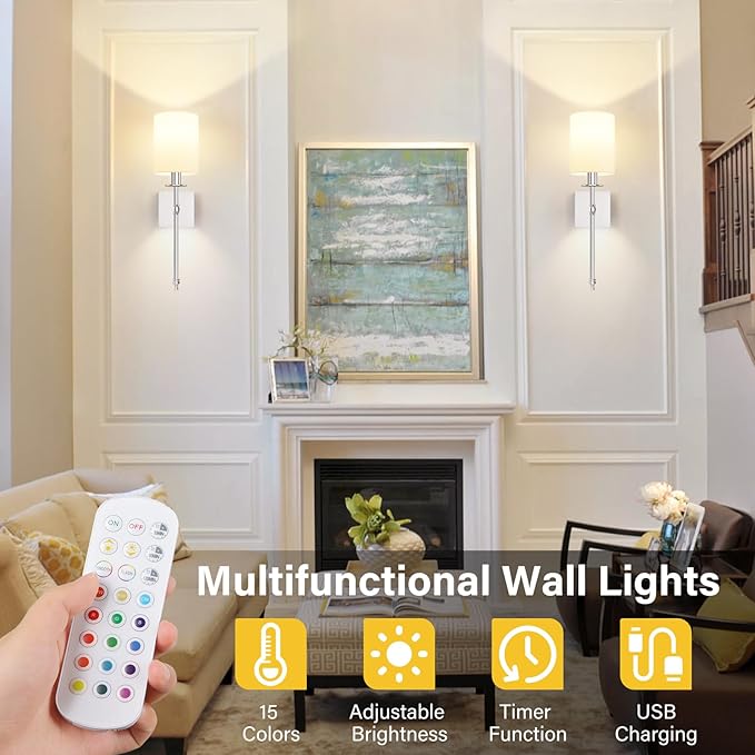 19.9 Inch Battery Operated Wall Sconces Set of 2 with Remote, Brushed Nickel Rechargeable Wireless Wall Lights with White Fabric Shade, Cordless Wall Lamps with Dimmable Detachable Bulbs for Bedroom
