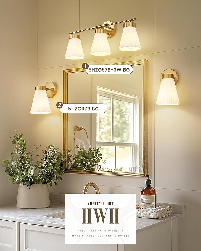 Bathroom Light Fixture, HWH 3-Light Brushed Gold Vanity Lights for Bathroom Modern Vanity Sconce Lighting Over Mirror, Wall Lamp with Frosted White Striped Glass, 5HZG97B-3W BG