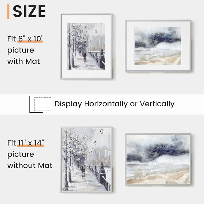 11x14 inch Metal Picture Frame - 11 x 14 Thin Aluminum Photo Frames with 8x10 Removable Mat - High Definition Plexiglass - Vertical and Horizontal Display - Wall Hook Hanging Hardware Included - Silver, Set of 4