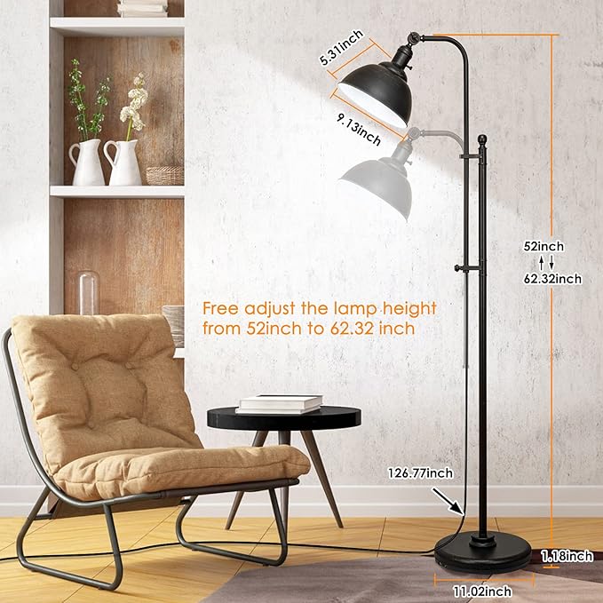 Industrial Floor Lamp, 3 Color Temperature Rustic Floor Lamps in Aged Bronze, Adjustable Height&Head Standing Reading Lamp Farmhouse Lamp