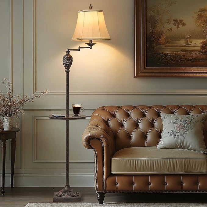 Traditional LED Floor Lamp with 350° Adjustable Swing Arm Lamp – Vintage Standing Pole lamp for Living Room, Bedroom and Office – Rustic Upright Floor Light for Home Décor with Silk Fabric Shade