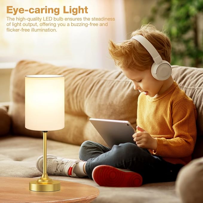 Gold Nightstand Bedroom Lamp - 3 Way Dimmable Bedside Lamp, Small Table Lamp Linen Lampshade for Office Desk, LED Bulb Included