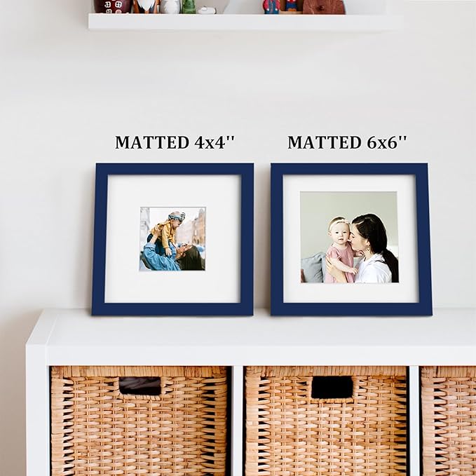 Egofine 8x8 Picture Frame 4PCS, Made of Solid Wood Covered by Plexiglass Display 4x4/6x6 with Mat or 8x8 without Mat, for Table Top Display and Wall Mounting Photo Frame, Navy Blue