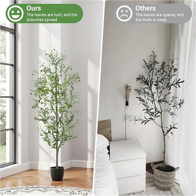 Faux Olive Tree 6FT Silk Plant Artificial Indoor, 6 FT Fake Potted Olive with Wicker Basket Planter, Tall Artificial Olive Trees with Natural Wood Trunk & Fruits for Home Office, 6 Feet (72")