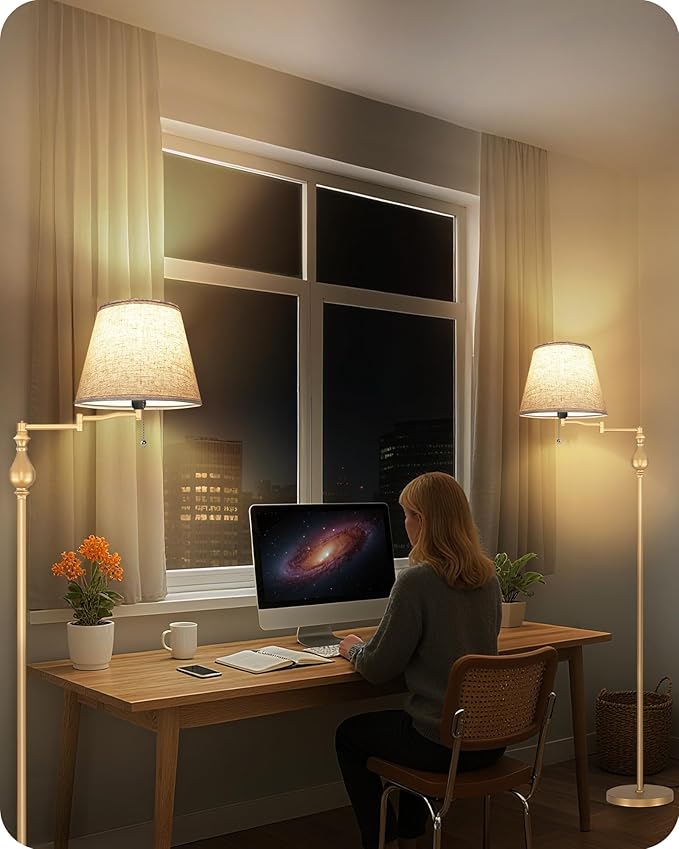 Vintage Floor Lamp with 350°Adjustable Swing Arm, 61” Mid-Century Modern Floor Lamp, Farmhouse Standing Pole Lamp, Antique Reading Lamp for Living Room, Bedroom, Office, Linen Shade, Gold DE13LD05