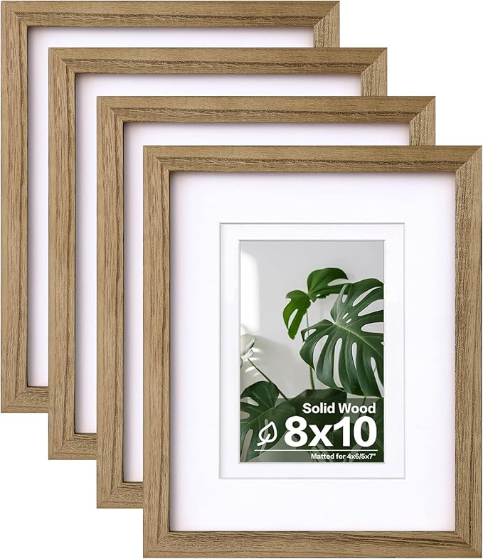 Egofine 8x10 Picture Frames with Plexiglass, Display Pictures 4x6/5x7 with Mat or 8x10 Without Mat Set of 4 for Tabletop and Wall Mounting, Carbonized Brown