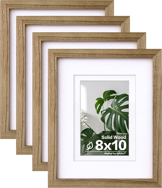 Egofine 8x10 Picture Frames with Plexiglass, Display Pictures 4x6/5x7 with Mat or 8x10 Without Mat Set of 4 for Tabletop and Wall Mounting, Carbonized Brown