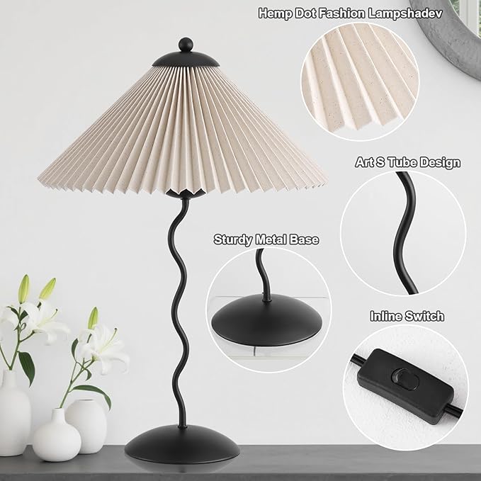 Pleated Table Lamp, S Tube Modern Table Lamp for Bedroom, Bedside Lamps with Organic Textured Linen Lampshade for Nightstand Bedroom Home Office Decor, Black