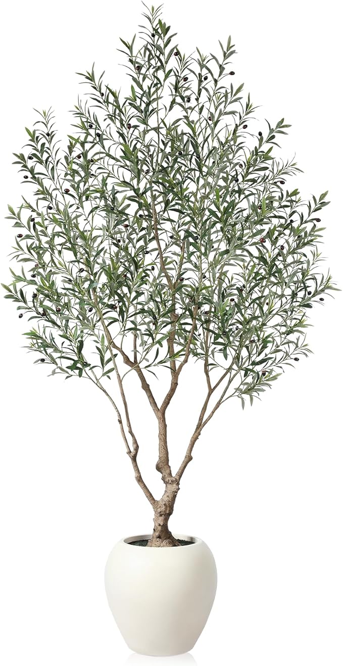 Olive Trees Artificial Indoor, 8 Feet Tall Faux Olive Tree with Round Artisan Planter, Premium Handmade, Realistic Trunk & Lifelike Leaves, Perfect for Large Spaces & Elegant Home/Office Decor