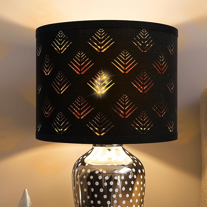 Lamp Shades Set of 2, Drum Lampshades with Leaf Design, 13" Top x 13" Bottom x 10" High (Spider) Modern Linen Lamp Shades for Table Lamp & Bedside Lamp, Assembly Required Black Lampshades Replacement