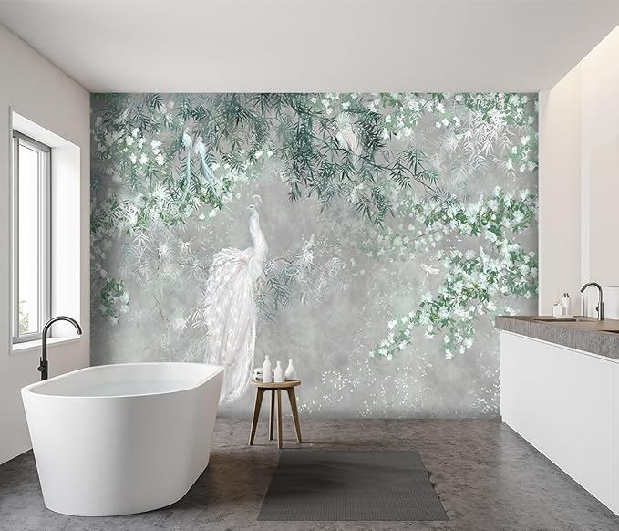 -Green Leaf Botanical Peacock Fabric Wallpaper Wallpaper Living Room Bedroom Bathroom Grey Plant Large Wall Mural- 160"x108"（ not Peel and Stick）