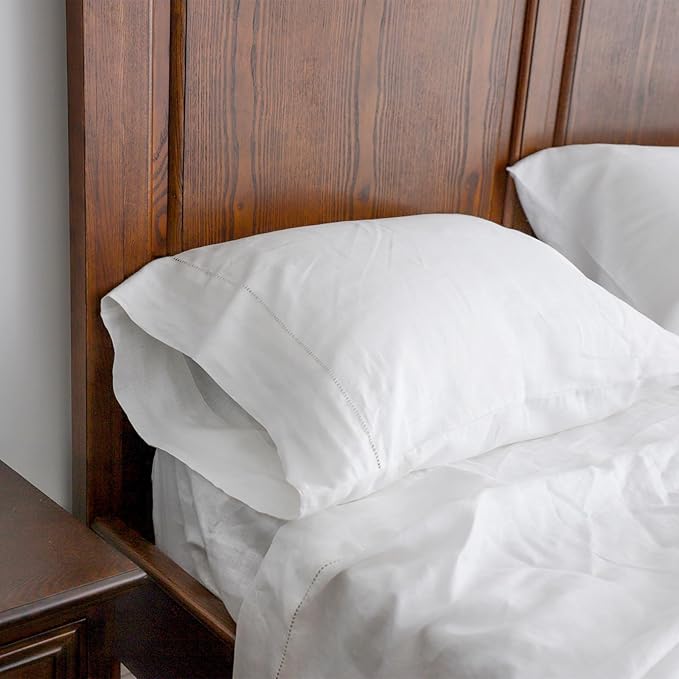 Simple&Opulence 100% Linen Pillowcase with Hand Drawing Hemstitch Pillow Cover Queen Size Set of 2 Soft and Durable (White, 20''x30'')