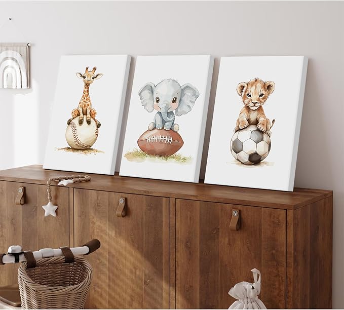Sports Nursery Wall Art Baby Boys Room Canvas Pictures Safari Animal Wall Decor Jungle Nursery Prints Kids Poster Cute Painting Football Soccer Baseball Artwork for Bedroom 16x24x3 Inch Ready to Hang
