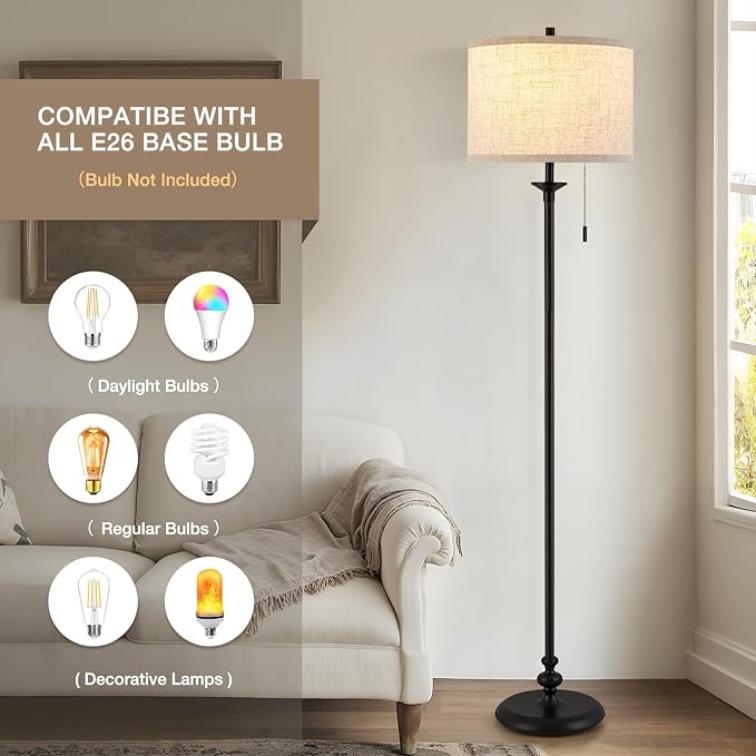 Luvkczc Black Floor Lamp, 60" Standing Lamp Tall Lamp with Fabric Lampshade&Pull Chain Corner Floor Lamps for Living Room, Bedroom & Office Bulbs Not Included