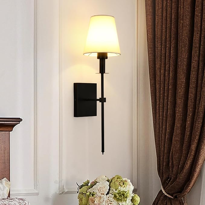 Wall Lamps for Bedrooms Set of 2, Black Retro Wall Mounted Bedside Lamps Sconces Lighting with Fabric Shade for Bedroom Living Room Corridor Kitchen