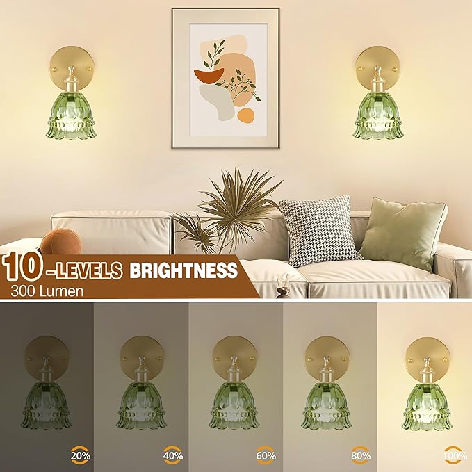 Battery Operated Wall Sconce with Remote Control,Vintage Wall Lamp with Flower lampshade,Rechargeable Battery Powered Wall Lights with 15 Colors for Beside Bedroom Living Room Doorway,Lily Green