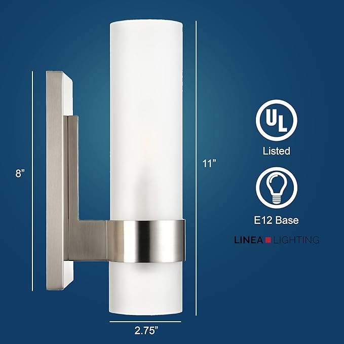 Linea di Liara Teramo Farmhouse Brushed Nickel Wall Sconce Wall Lighting Modern Bathroom Wall Sconces Wall Lights for Hallway and Bedroom Wall Sconce Lighting Fixture - Frosted Glass Shade