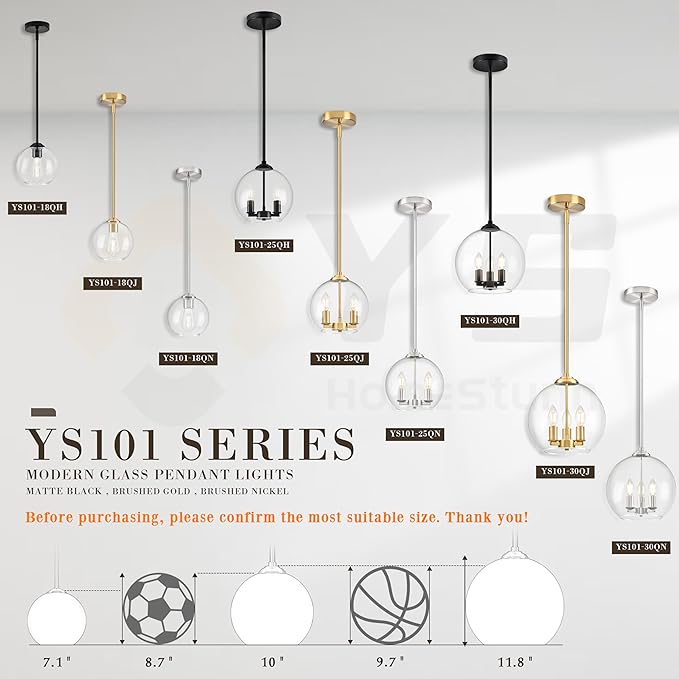 12" Gold Pendant Lights Glass Globe Pendant Light Fixture Bedroom Mid Century Modern Pendant Lighting Brass Pendant Light for Kitchen Island Bedroom Living Room Dinning Room (Bulb Incl.)