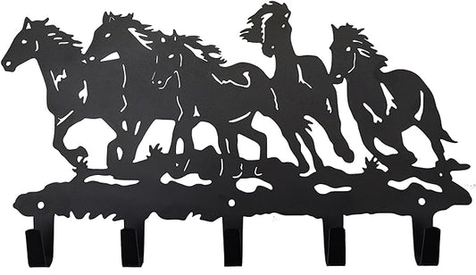 Metal Horse Coat Hooks Wall Art Decor-Horse Hangers and Key Holder-Clothes Rack and Backpack Hanger-Coat Hooks Home Decor for Storage, Living Room, Hallway, Office (Black)