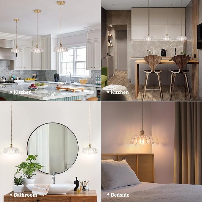 Pendant Light with Clear Scindapsus Glass Lmapshade, Brass Vintage Pendant Light Adjustable Hanging Light for Kitchen Island Dining Room Hallway