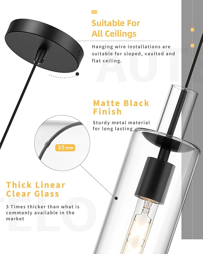 AUTELO 2 Pack Pendant Lights Kitchen Island, Modern Pendant Lights in Black Metal Finish, Black Pendant Light Fixtures, Cylinder Glass Hanging Lamp, Kitchen Pendant Lighting over Island, H3875 BK-M-2P