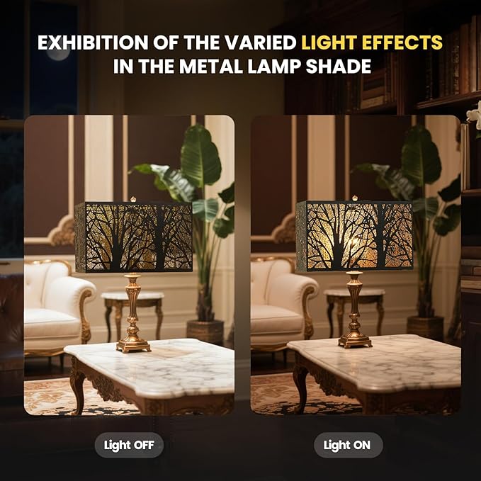 ALUCSET Rectangular Small Lamp Shade with Etched Forest Pattern, Metal Lampshade (12.5+6.8)'' Top and Bottom X 8'' Height, Vintage Replacement Light Cover for Table Floor Lamps