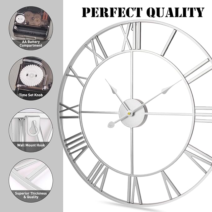 Large Wall Clock, 24-Inch(60CM) Roman Numeral Decorative Art,Completely Silent, Non Ticking, Battery-Operated Metal for Living Room, Bedroom and Kitchen-Silver