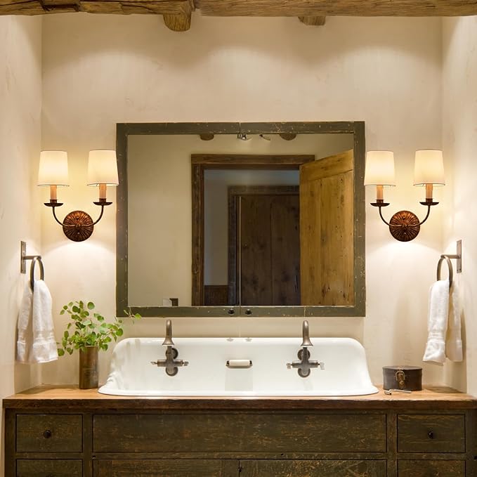 2-Lights Fabric Wall Sconces Antique Brushed Brass Wall Lights with Melted Candle Classic Mid Century Wall Lamp for Hallway Vanity Bedside Doorway, UL Listed