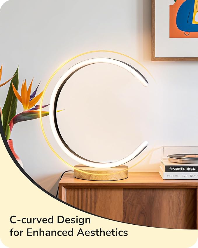 EDISHINE Modern LED Table Lamp, C-Shaped Bedside Lamp with 3 Color Temperature & Dimming, Upgraded Switch, Silicone Lampshade & Solid Wood Base, Nightstand Lamp for Living Room, Bedroom, Black