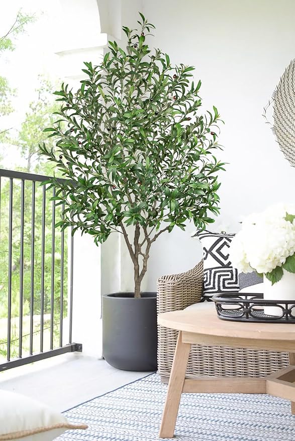 Hollyone Faux Olive Tree 7Feet Tall Fake Olive Tree 7FT with Pot Indoor Lifelike Wood Trunk and Fruits Large Potted Artificial Tree Plant with Tall Ceramics Pot Planter Housewarming Home Decor Gift