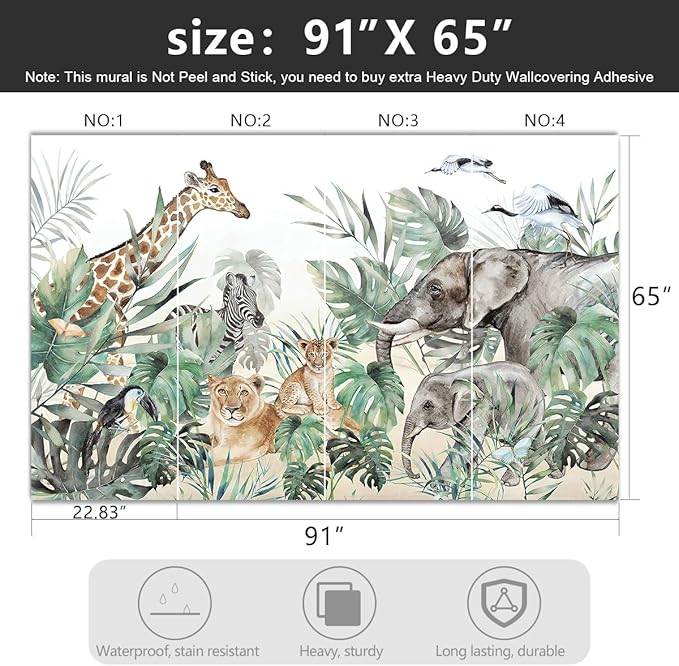 -Tropical Rainforest Plants Animals Tigers Fabric Wallpaper Jungle Plants Banana Leaves Boys Girls Kindergarten Children Bedroom Large Mural- 91"x65"（ not Peel and Stick）
