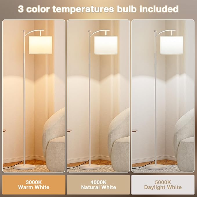 60" Floor Lamps for Living Room & 3 Color Temperatures Bulb, White Lampshade & Foot Switch Included, Easy to Install, 9W Bulb Included(White Shade & White Pole)