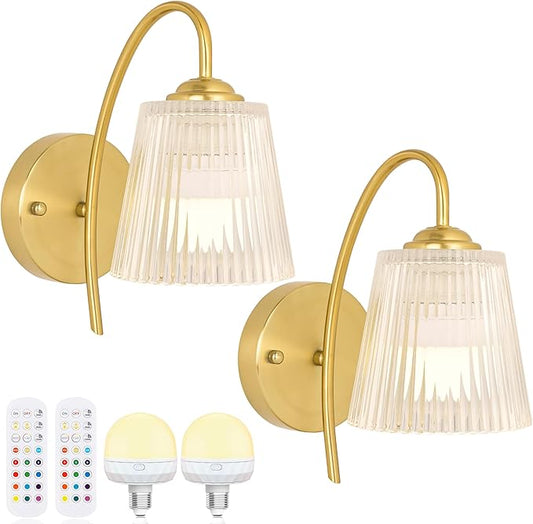 Vintage Battery Operated Wall Sconce with Flower lampshade,Rechargeable Battery Powered Wall Lights,Wall lamp With 15 Colors for Bedroom Living Room Home Decor (Clear Stripe, 2 Light Battery Operated)