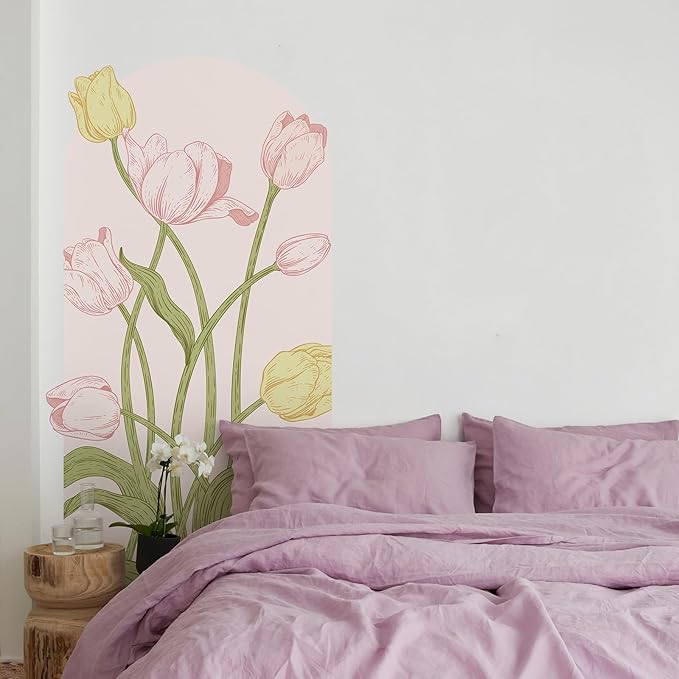 Large Floral Wall Decals Peel and Stick Tulip Floral Arch Decal 59" H x 29.5" W Tulip Flower Wall Art Pink Yellow Vinyl Stickers for Door Bedroom Bathroom Entrance Decor