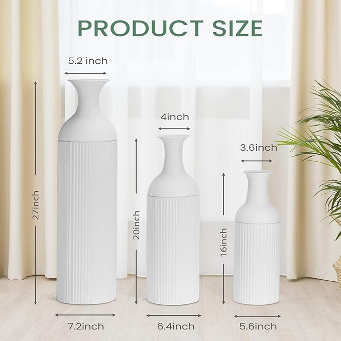 Large Metal Floor Vases Set of 3, 27'' 20'' 16'', White Tall Flower Vase for Pampas Grass, Decorative Big Vases for Hallway Corner, Floor Decor for Living Room