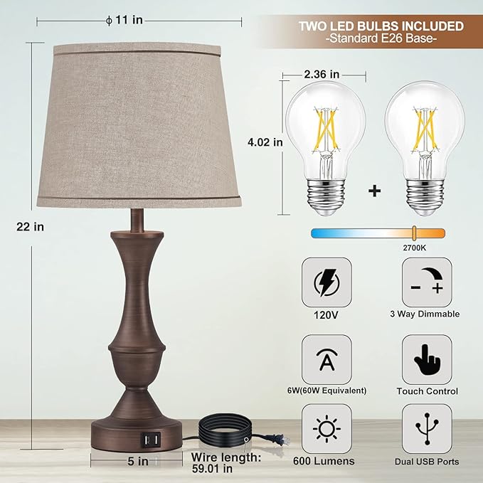 Touch Table Lamps Set of 2, 22" Tall Bedside Lamps with USB C+A Ports, 3-Way Dimmable Table Lamp, Nightstand lamps for Bedroom, Living Room, Office, Brown Lamps with Beige Lampshade, Bulbs Included