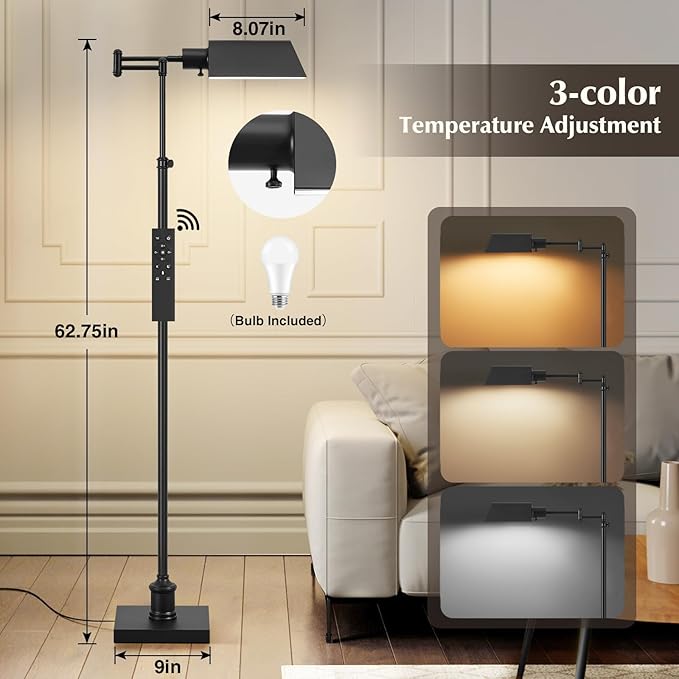 GyroVu Traditional Height Adjustable Pharmacy Floor Lamp with 350° Swing Arm, 3 Color Temperature Adjustable Standing Lamp Metal Shade for Living Room Reading House Bedroom Home Office(Black)
