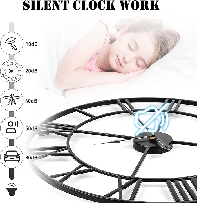 Large Wall Clock, 24-Inch(60CM) Roman Numeral Decorative Art Clock,Completely Silent, Non Ticking, Battery-Operated Metal Wall Clock for Living Room, Bedroom and Kitchen (Carbon Black)