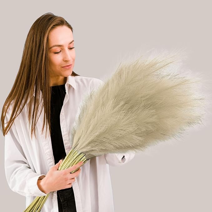 8 Pcs Light Coffee Tall Faux Pampas Grass Decor, 45 Inches Artificial Pampas Grass Bulk, Large Faux Pompas Dried Decor for Floor Vase Filler, Home Boho, Wedding Anniversaries, Baby Shower Decoration