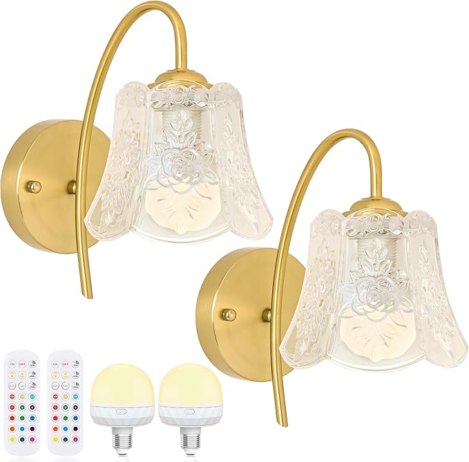 Vintage Battery Operated Wall Sconce with Flower lampshade,Rechargeable Battery Powered Wall Lights,Wall lamp with 15 Colors for Bedroom Living Room Home Decor (Clear Rose, 2 Light Battery Operated)