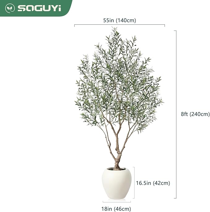 Olive Trees Artificial Indoor, 8 Feet Tall Faux Olive Tree with Round Artisan Planter, Premium Handmade, Realistic Trunk & Lifelike Leaves, Perfect for Large Spaces & Elegant Home/Office Decor