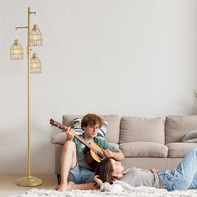 9MMML Golden Dimmable Floor Lamp,Industrial Gold Farmhouse Tall Standing Lamp for Living Room, Bedroom Office,3 Teardrop Cage Lampshade,3 LED Bulbs Inculded, 68'' Tall