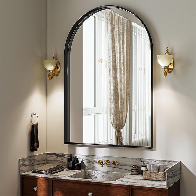 20" x 30" Luxury Arched Bathroom Mirror - Arch Wall Mirror with Shatterproof Tempered Glass and Metal Deep Frame, Hanging or Leaning for Living Room, Dresser, Entrance and Hallway, Black
