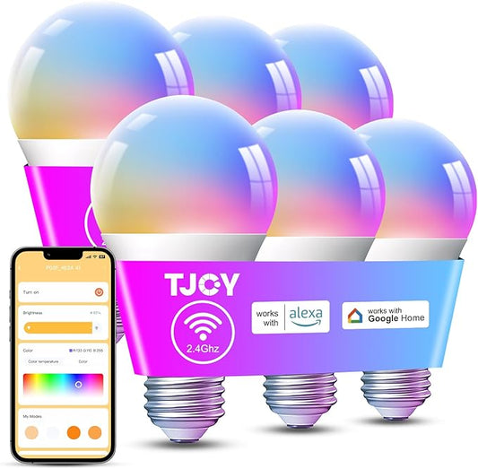 TJOY Smart Alexa Light Bulbs, Bluetooth WiFi Led Bulb Compatible with Alexa &Google Assistant, RGB Color Changing Bulbs, Music Sync, 9W(60W Equivalent), A19 E26 800LM(2.4Ghz WiFi only), 6 Pack