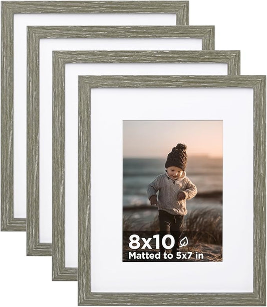 KINLINK 8x10 Picture Frame Light Walnut Set of 4, Wooden Photo Frames Matted 5x7 with Plexiglass for 5x7 with Mat or 8x10 without Mat for Table and Wall Display