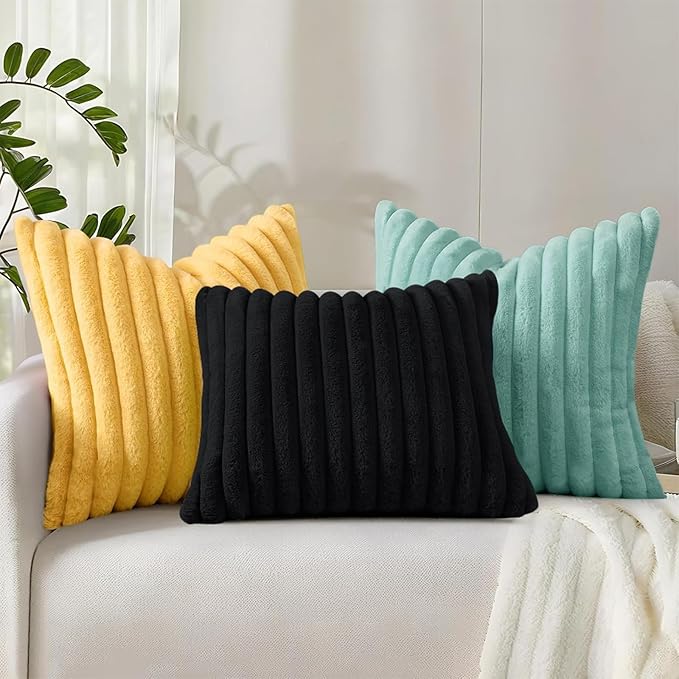 decorUhome Faux Fur Throw Pillow Covers 26x26 Set of 2, Decorative Soft Plush Striped Neutral Couch Euro Pillow Covers with Velvet Back for Sofa, Bed, Living Room Home Decor, Mustard Yellow
