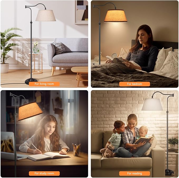 Cantilever Floor Lamp, Standing Chandelier Floor Lamp with 180° Adjustable Swing Arm, Modern Floor Lamps with Linen Shade,Classic Lamp for Living Room Office Bedroom Reading(Black)