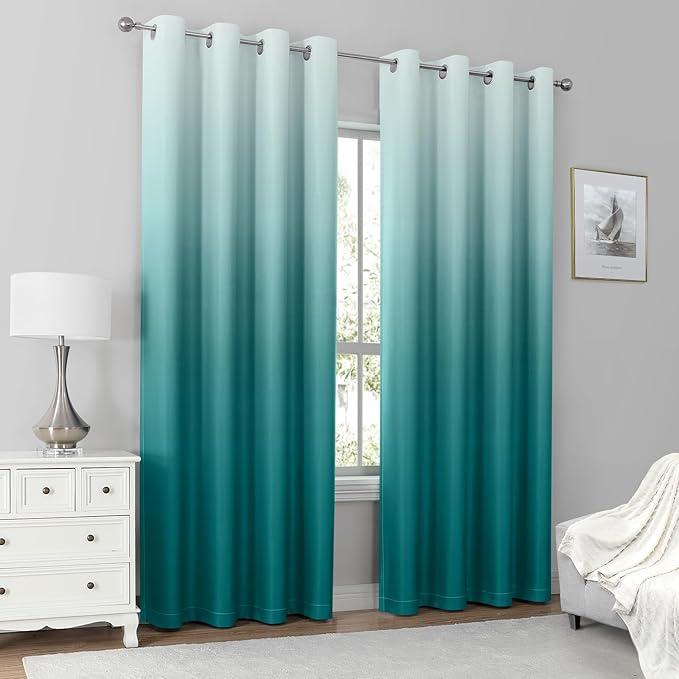 HOMEIDEAS Teal 100% Ombre Blackout Curtains for Bedroom, 52 X 84 Inches Long Room Darkening Gradient Light Blocking Thermal Insulated Grommet Drapes for Living Room, 2 Panels